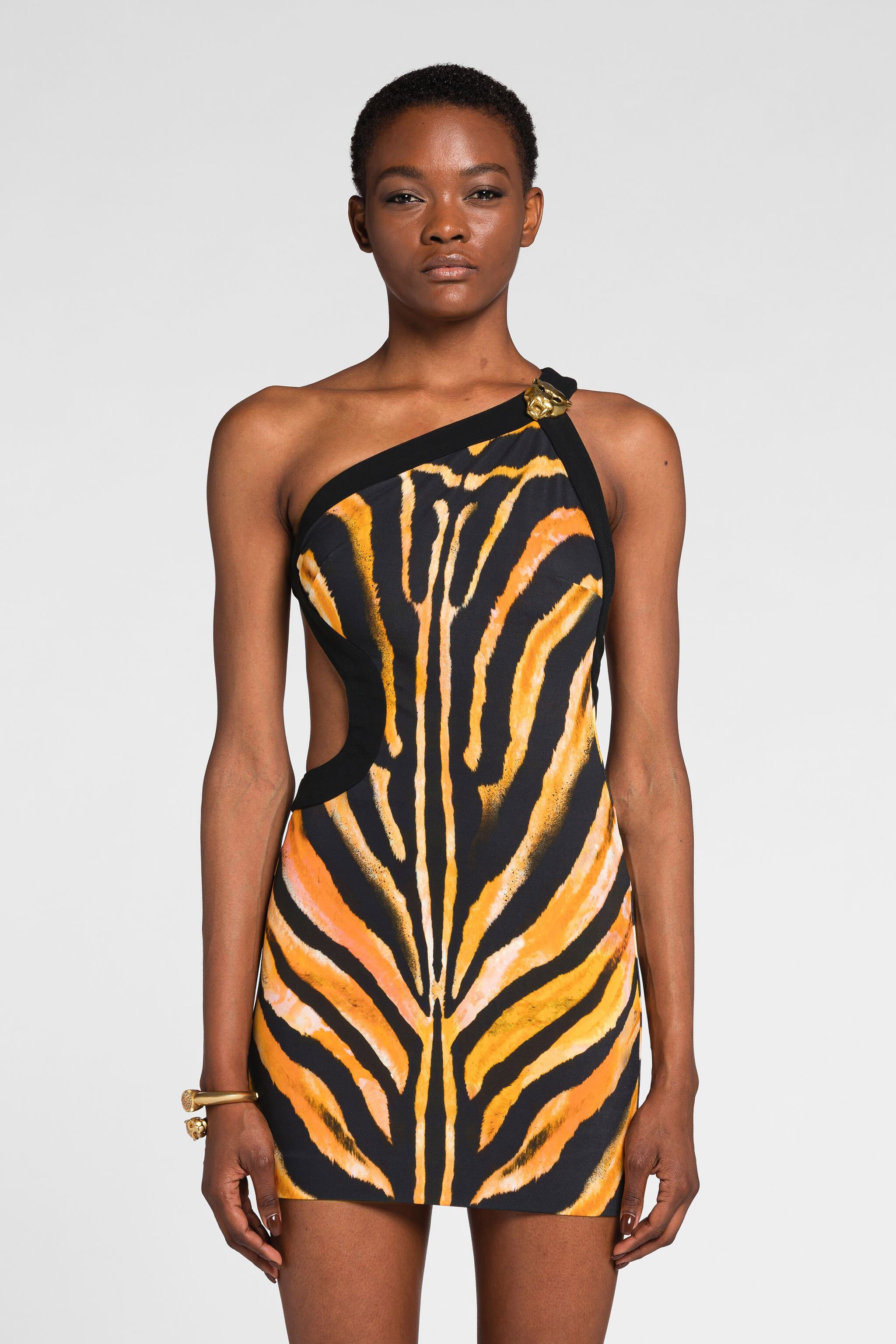 RC Zebra-Print One-Shoulder Mini Dress Orange/Black OQT125-JCD03