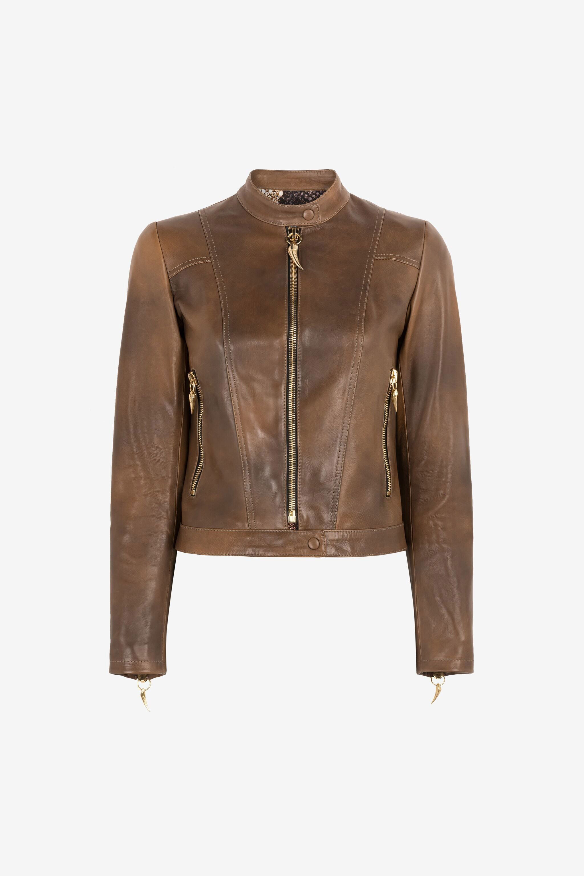RC Giacca biker in pelle con zanne Marrone PQP804-PN007