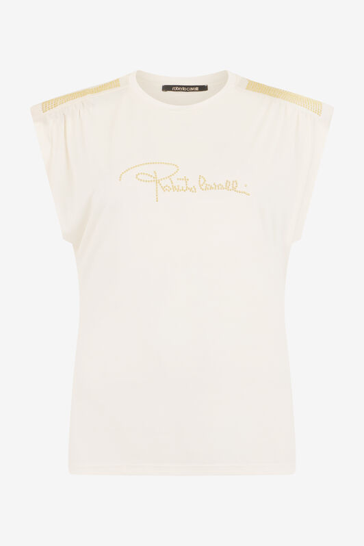 RC Elfenbeinfarbenes T-Shirt mit Logo und goldenen Applikationen IVORY SOT60K-1H003