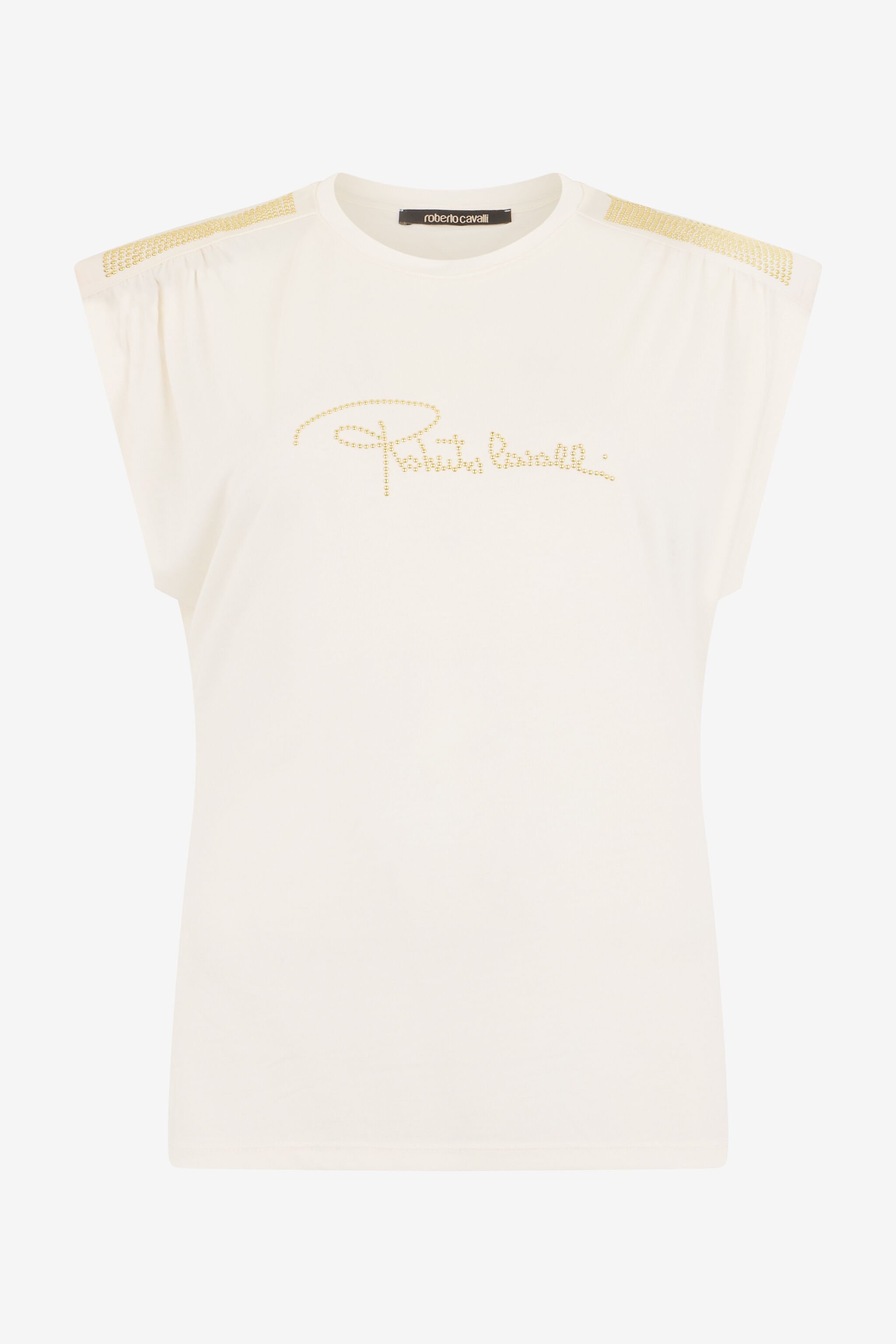 RC Elfenbeinfarbenes T-Shirt mit Logo und goldenen Applikationen IVORY SOT60K-1H003