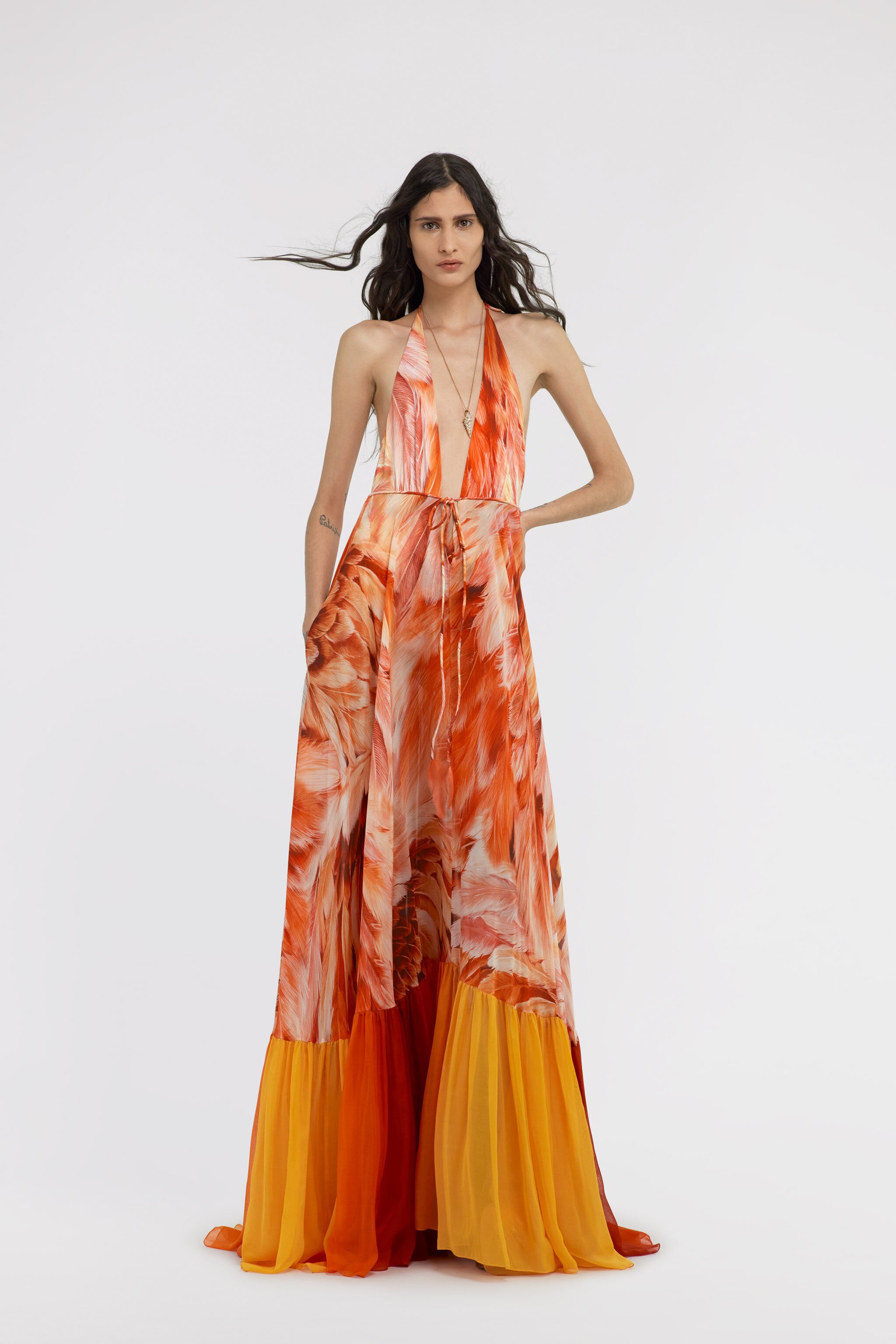 RC Plumage print long dress Orange SWT132-CTL71