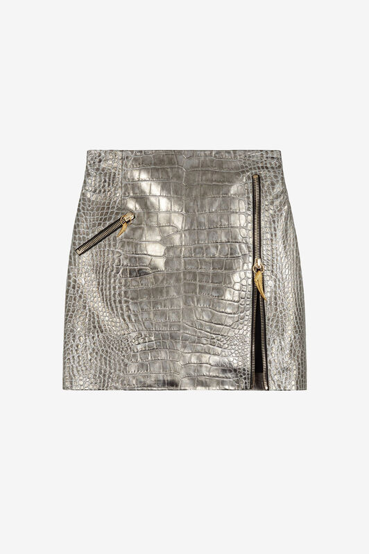 RC Metallic-Leder-Minirock mit Krokodil-Prägung Silber OKP300-PZ004