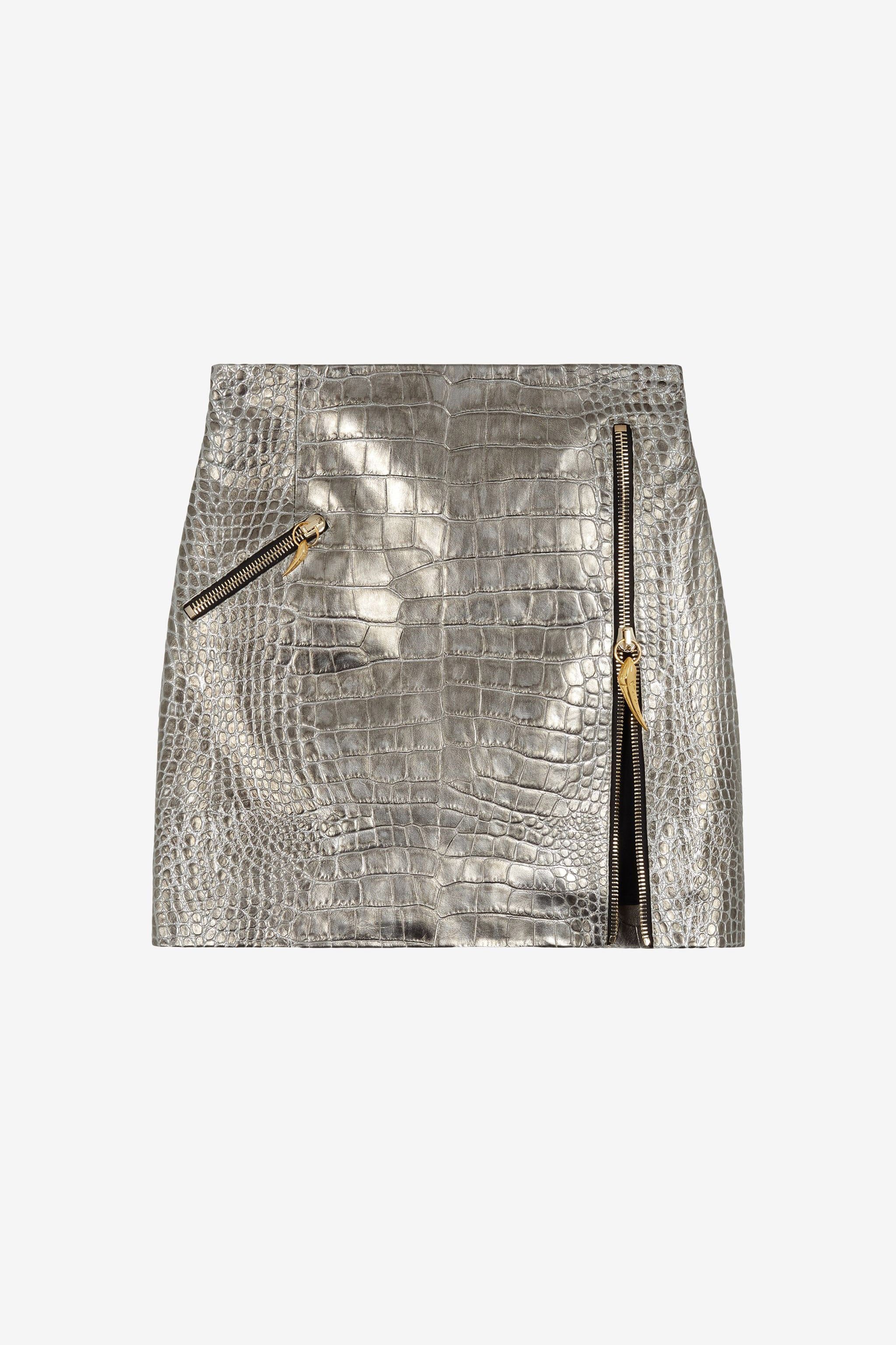 RC Metallic-Leder-Minirock mit Krokodil-Prägung Silber OKP300-PZ004
