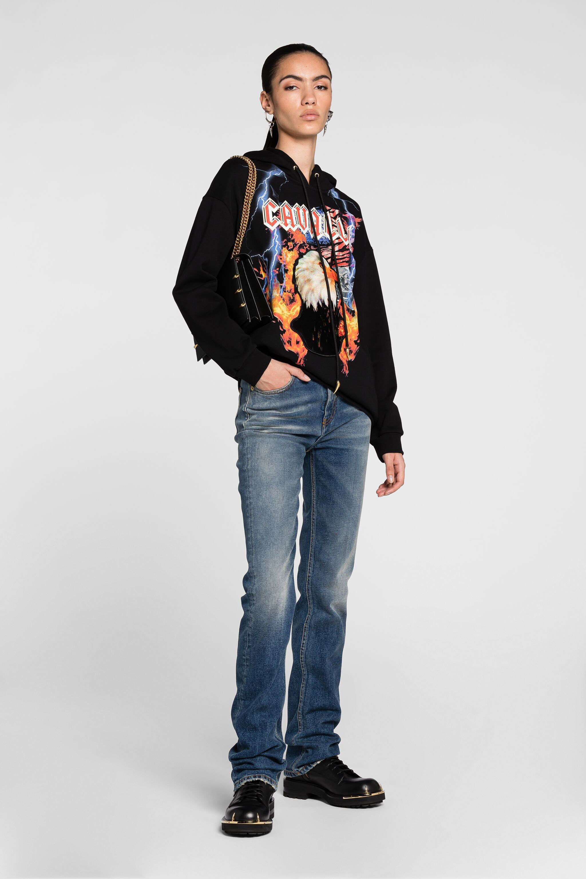 RC Oversized Eagle-Print Appliqué Hoodie BLACK PKT69C-CF050