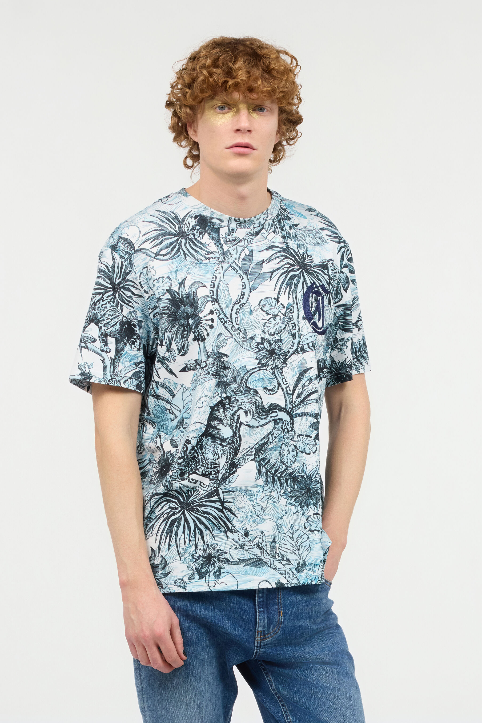 JC T-Shirt Con Stampa Jungle E Monogram Azzurro UFT042-UF062