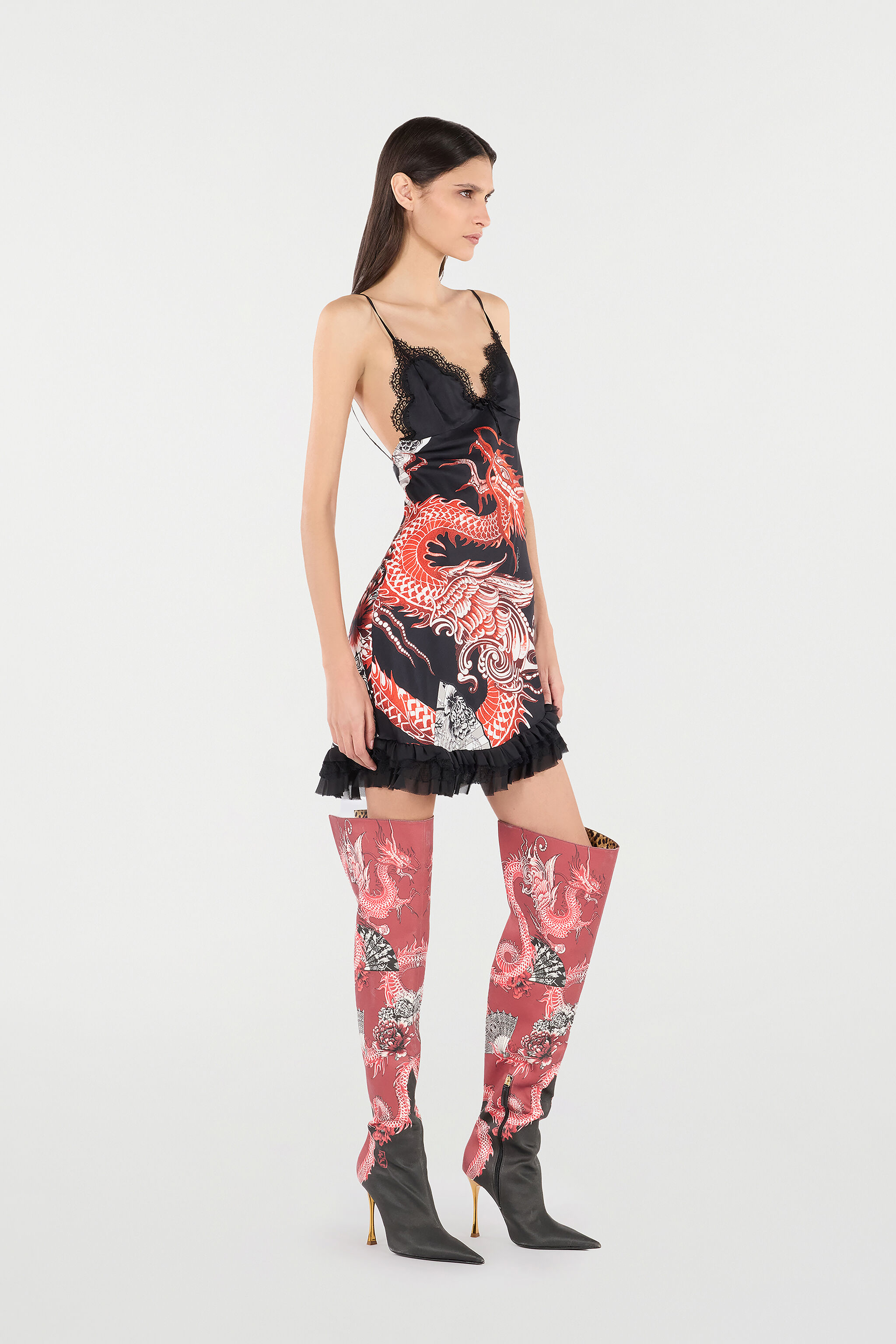 RC Silk Mini Dress with Dragon and Ruffles Black/Red VQT118-OZP75