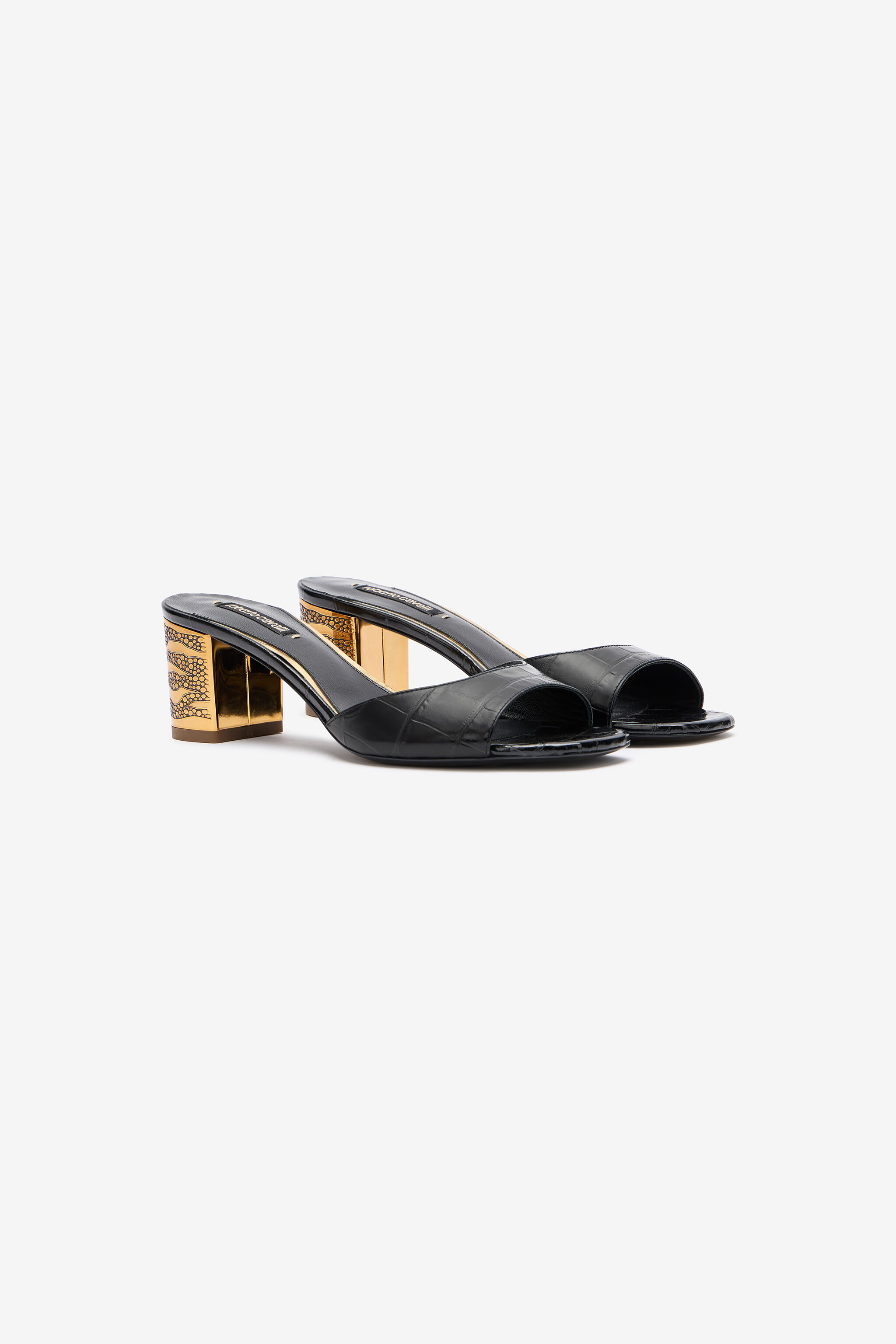 RC Mules with Gold Chunky Heel Black VKS027-PZ579