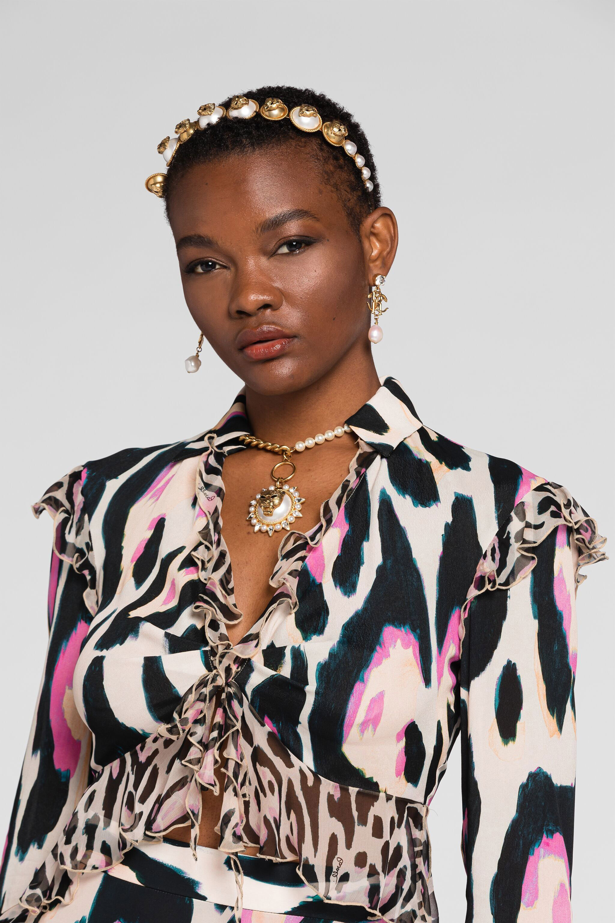RC Jaguar-Print Ruffle-Trimmed Cropped Top ROSA QKT703-FVF54