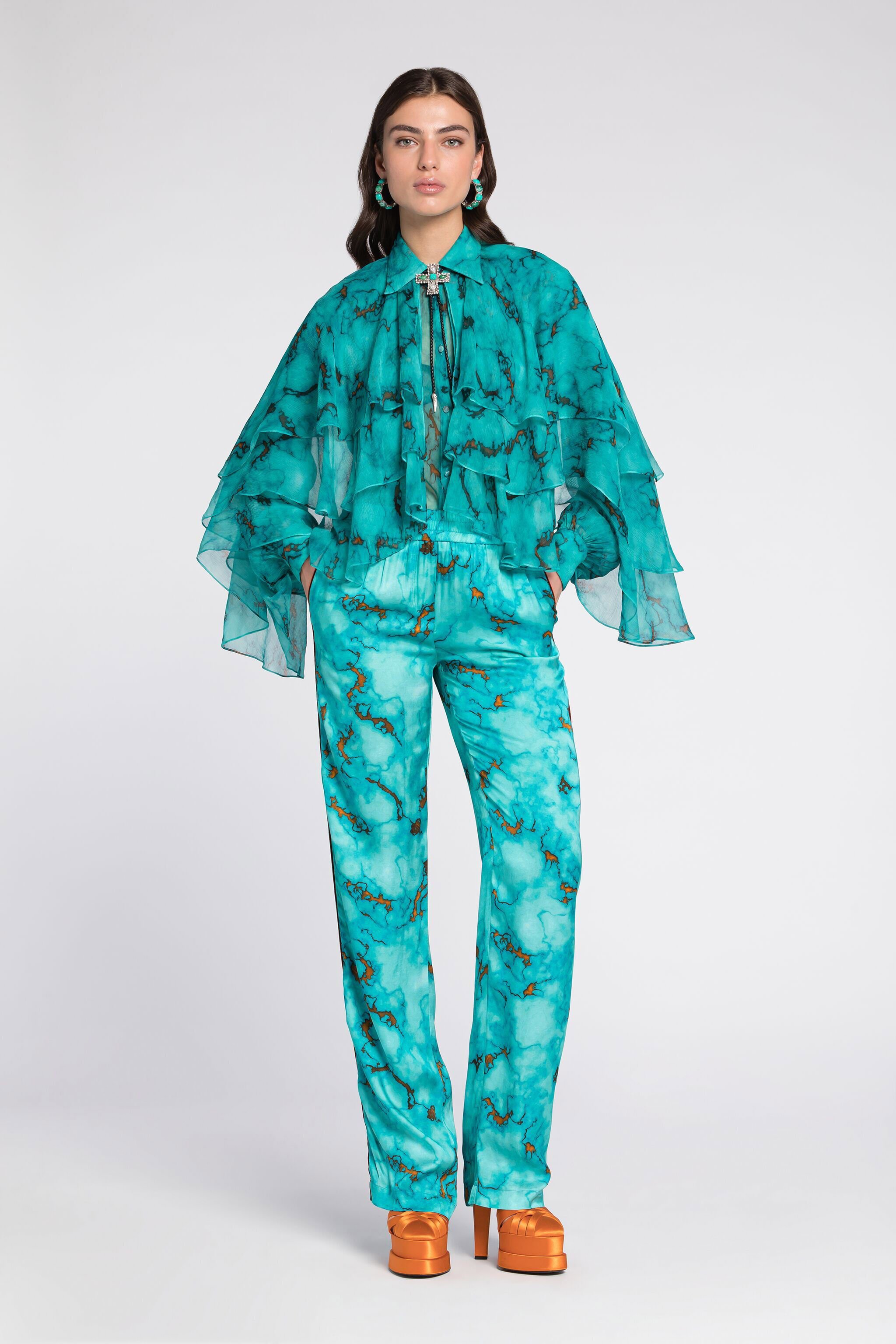 RC Ruffled Marble-Print Top Light blue RKT702-CZH62