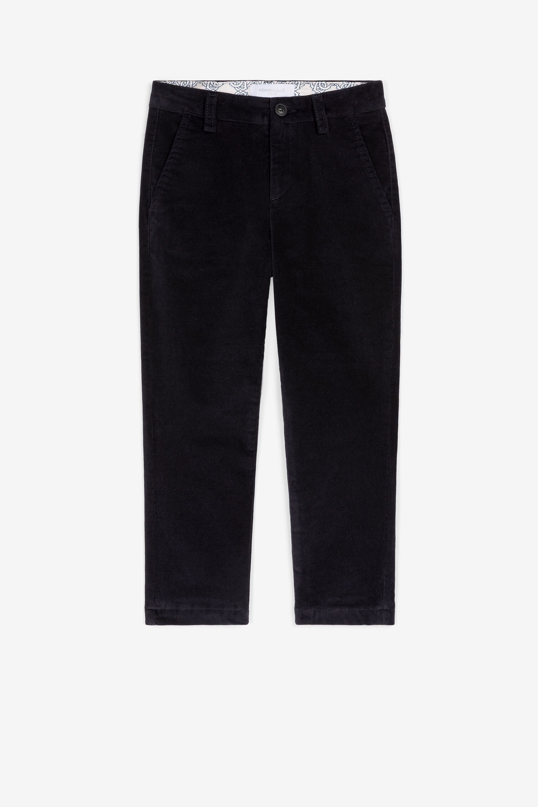 JU RC Monogram Crest-Appliqué Velvet Trousers Dark blue PJT233-FA001