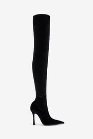${brand} Black Satin Pointed-Toe Thigh High Boots ${colorDescription} ${masterID}
