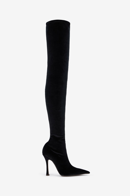 RC Satin Pointed Black Thigh-High Boots Black VWS004-VZ018