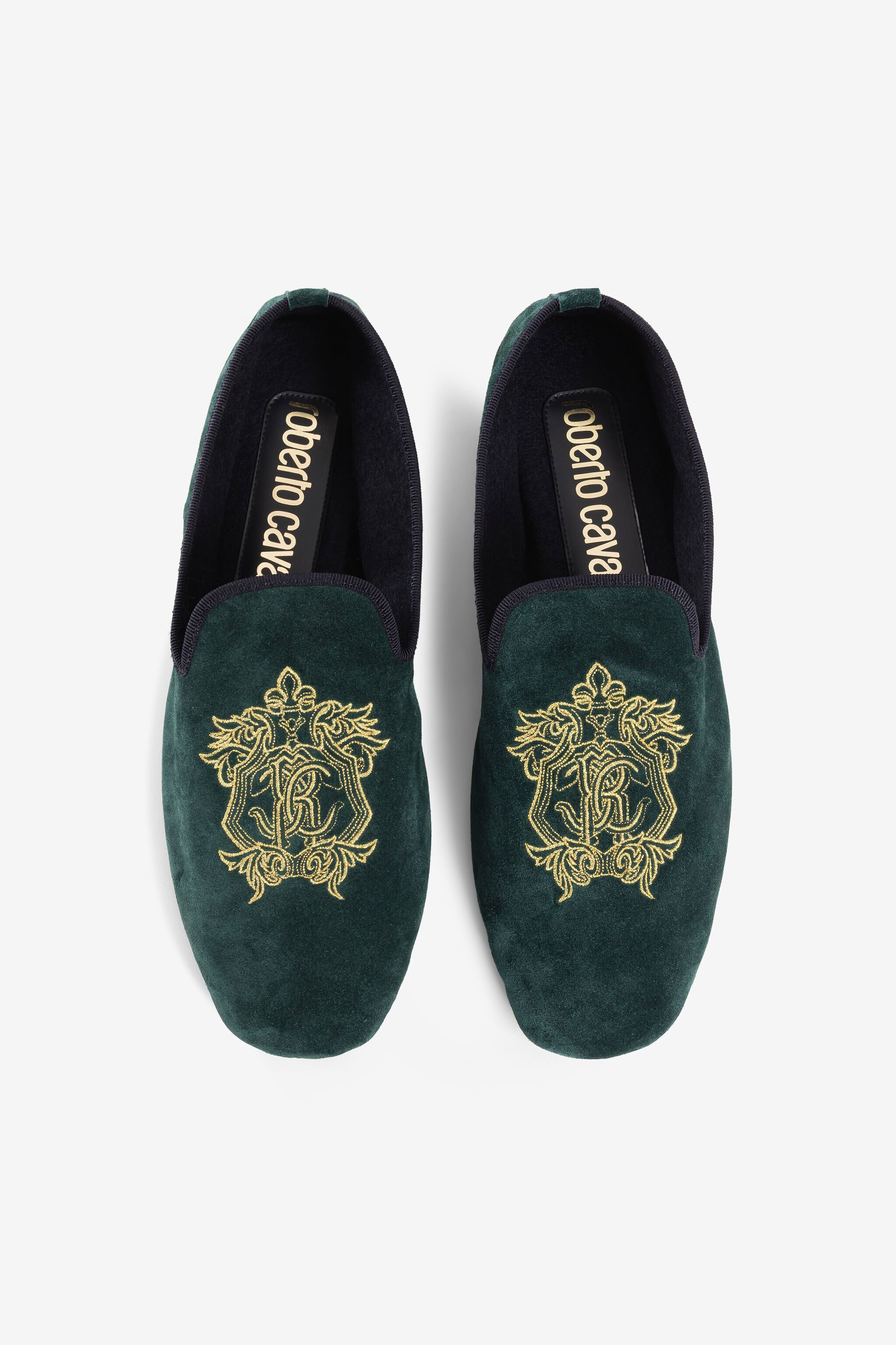 RC Mirror Snake Crest-Embroidered Velvet Slippers DARK GREEN PRS001-PZA95