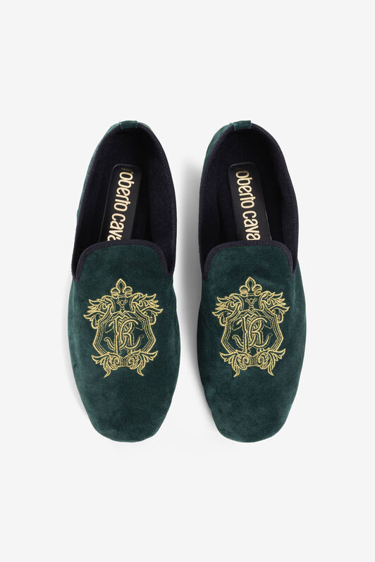 RC Mirror Snake Crest-Embroidered Velvet Slippers RC Mirror Snake Crest-Embroidered Velvet Slippers DARK GREEN PRS001-PZA95
