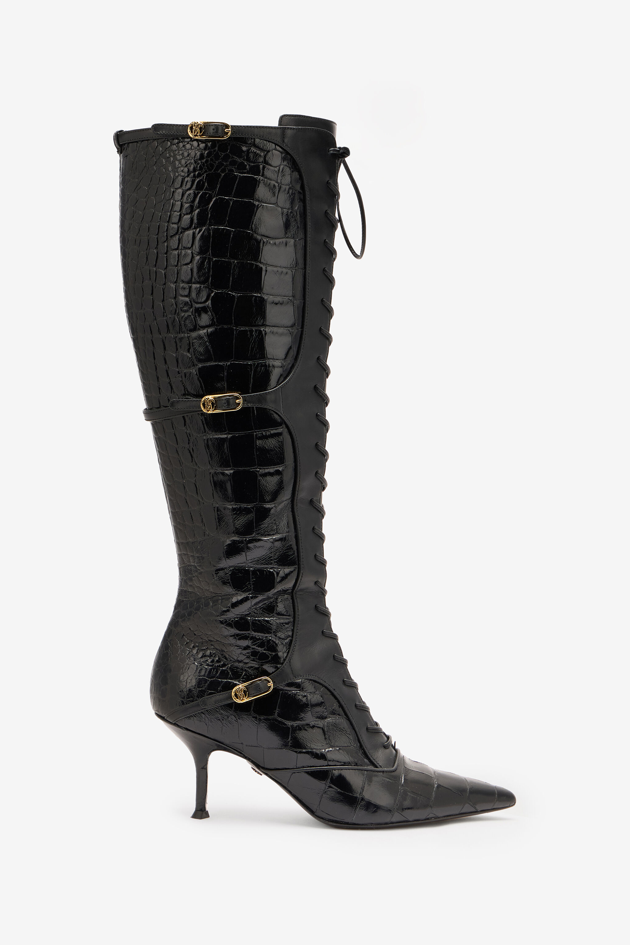 RC Pointed Lace-Up Boots in Crocodile-Effect Schwarz VKS017-PZ579