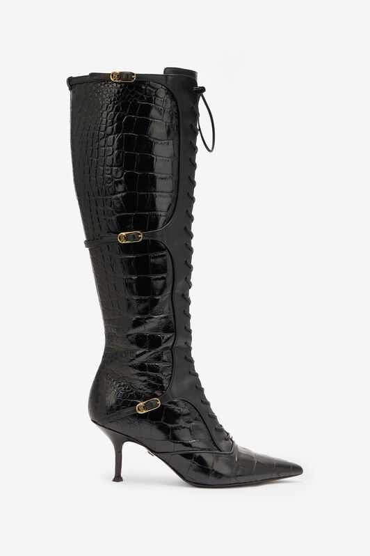 RC Pointed Lace-Up Boots in Crocodile-Effect RC Pointed Lace-Up Boots in Crocodile-Effect Schwarz VKS017-PZ579