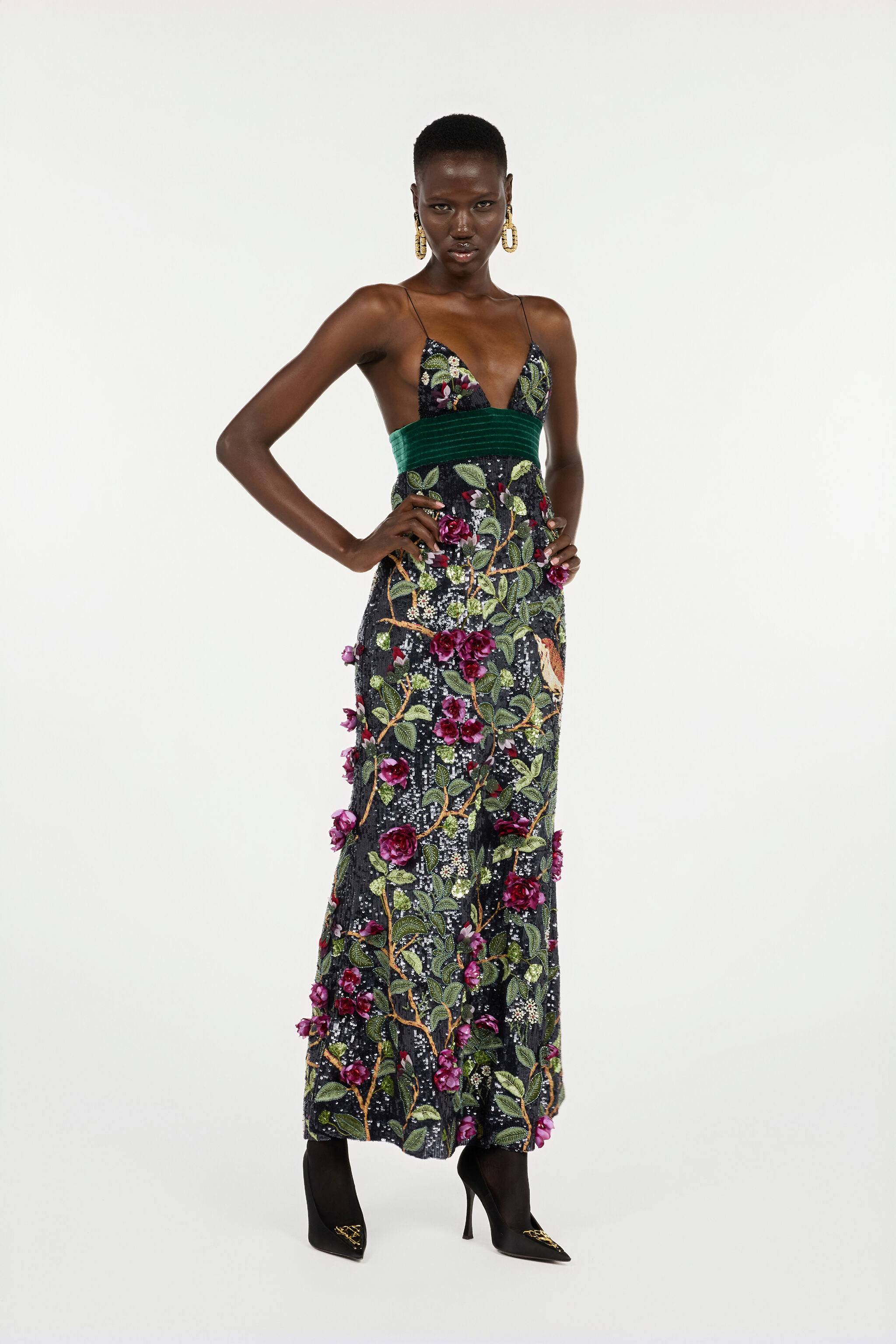 Long Black Dress With Multicolor Decorations in Black for Women