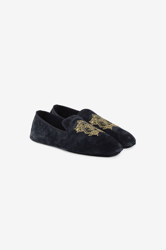 RC Mirror Snake Crest-Embroidered Velvet Slippers DARK BLUE PRS001-PZA95