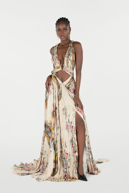 RC Extra Long Silk Dress with Floral and Pheasant Print RC Extra Long Silk Dress with Floral and Pheasant Print Ivory/Pink VKT158-CTP76