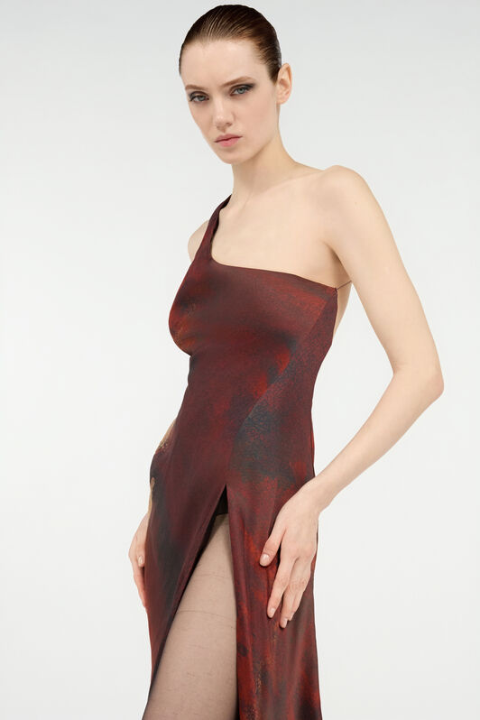 RC Long Red Silk Dress With Marble Print RC Long Red Silk Dress With Marble Print Red VWT101-OZQ74
