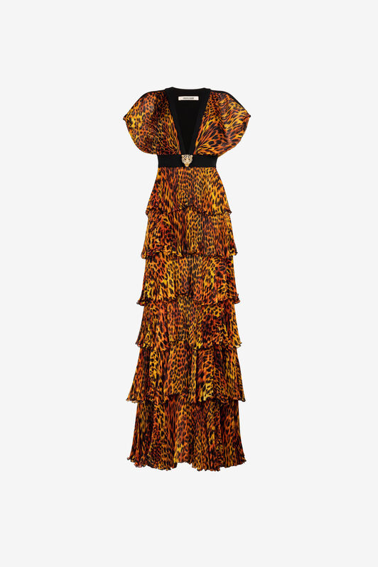 RC Maxikleid aus Seide mit Jaguar-Print und Plissee Orange OQT120-CTD02