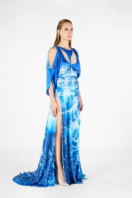 RC Langes Kleid mit Stretto di Messina Print Blau UWT104-RYN94