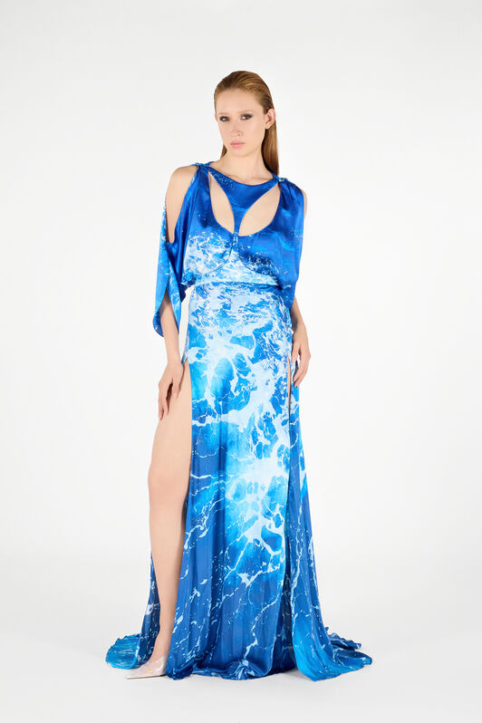 RC Langes Kleid mit Stretto di Messina Print Blau UWT104-RYN94