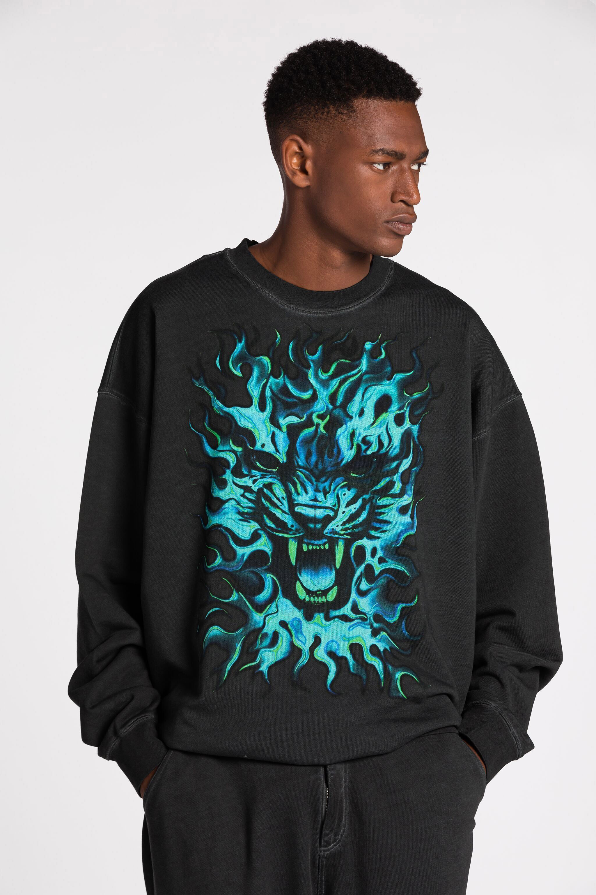 RC Flame Lion-Print Sweatshirt Negro PRT67A-CF051