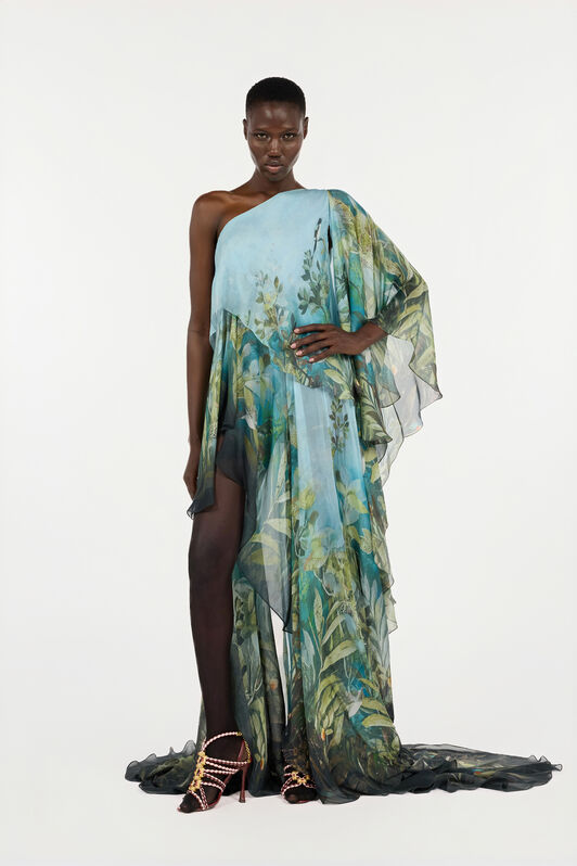 RC Extra-Long Silk Dress with Nature Print Green/Blue VWT136-XTQ70