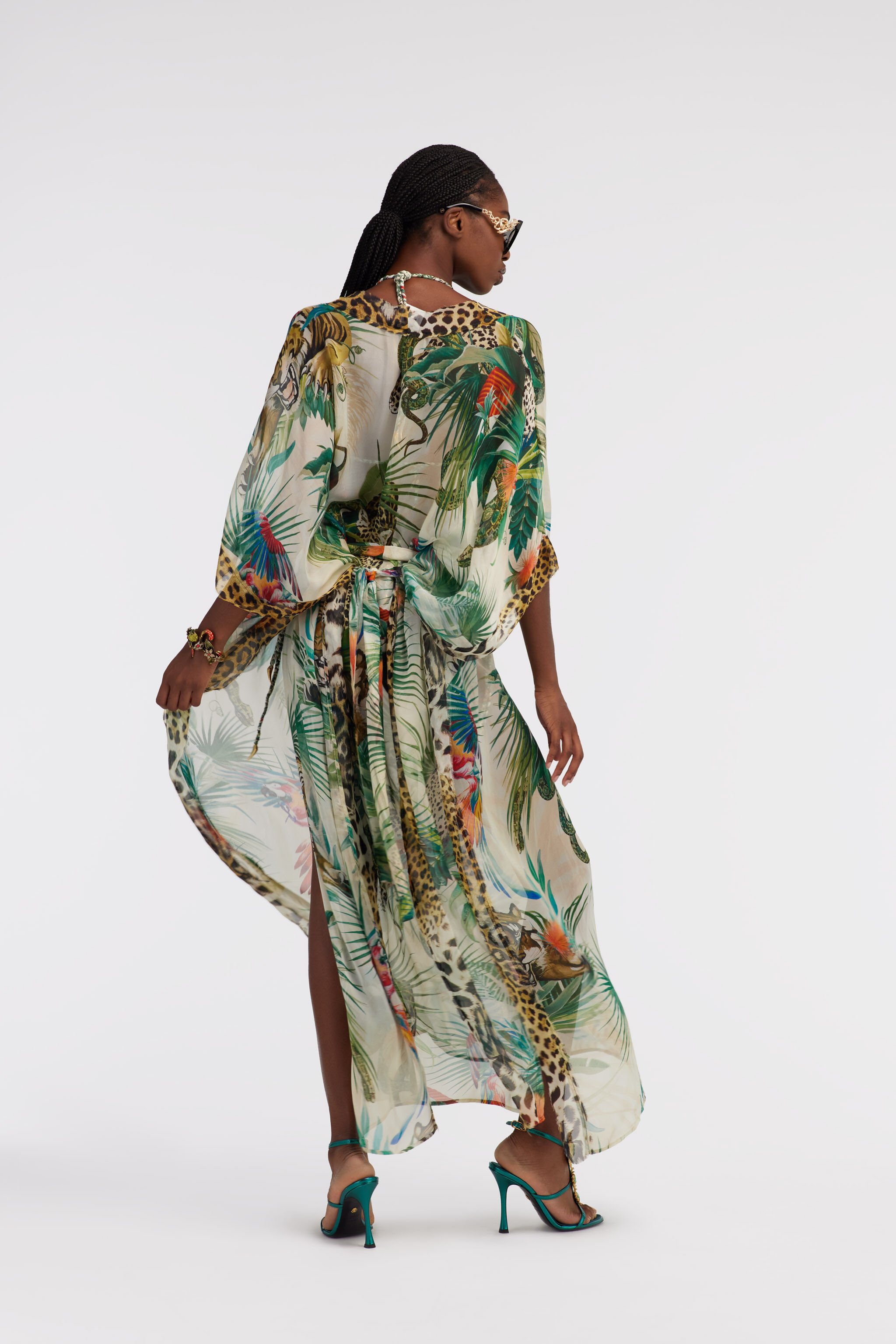 RC Jungle Print Kaftan In Silk Green SYW051-CTI88