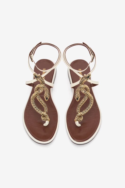 RC Sandalias planas de dedo marrones y blancas con serpientes WHITE WWS003-PAM08