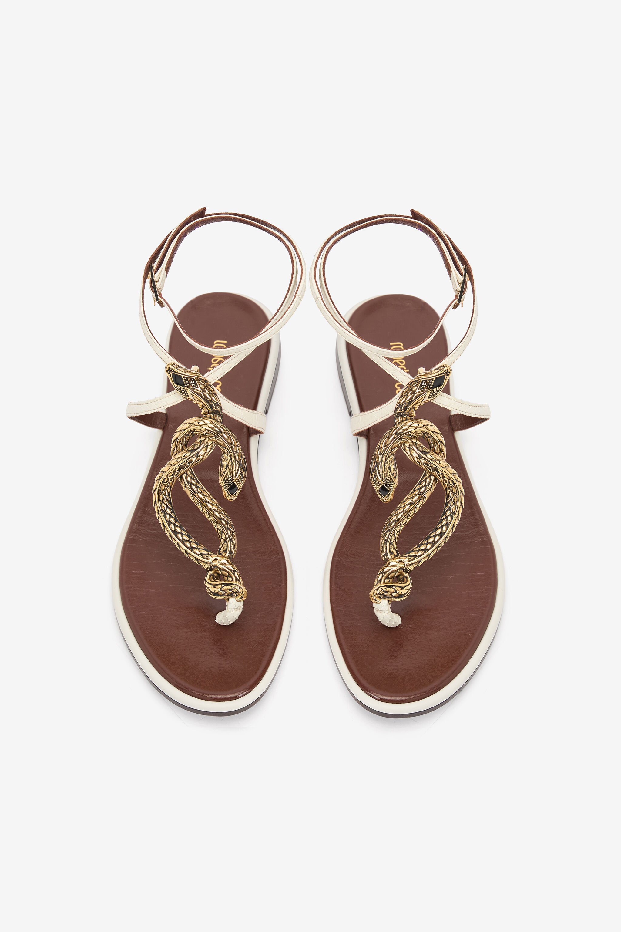 RC Sandalias planas de dedo marrones y blancas con serpientes WHITE WWS003-PAM08