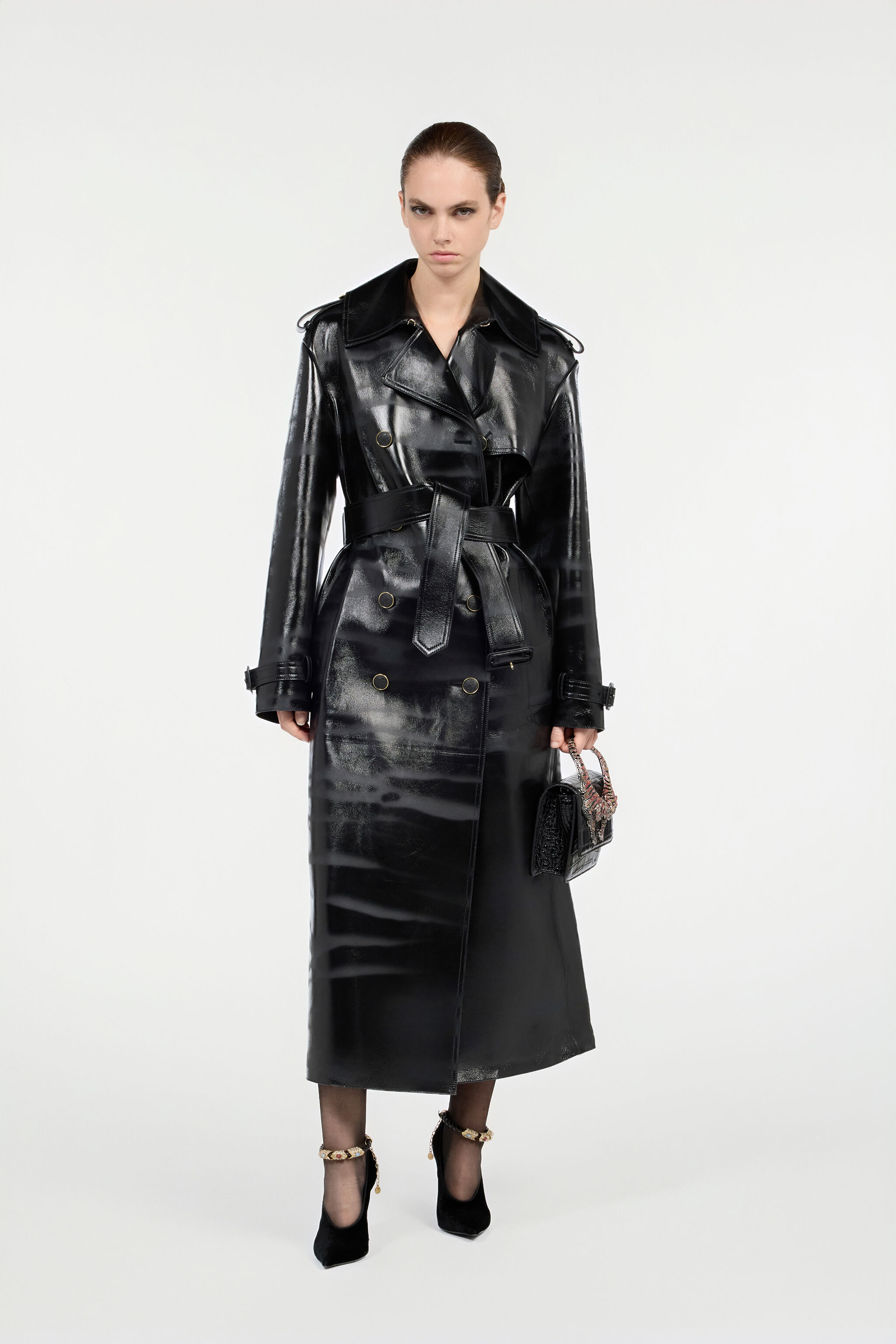 Black Genuine Leather Long Trench Coat in Black for Women