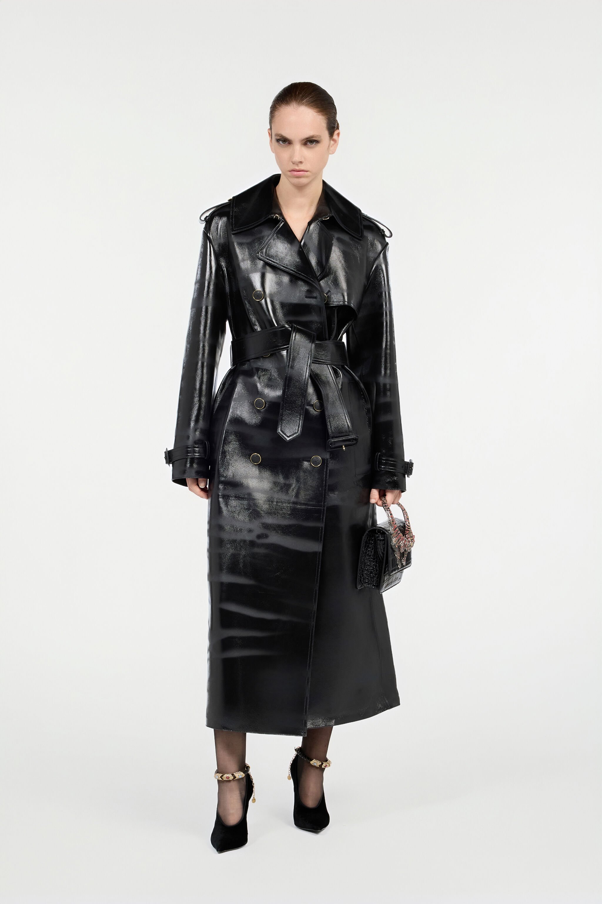 RC Black Genuine Leather Long Trench Coat Black VWP500-PN001