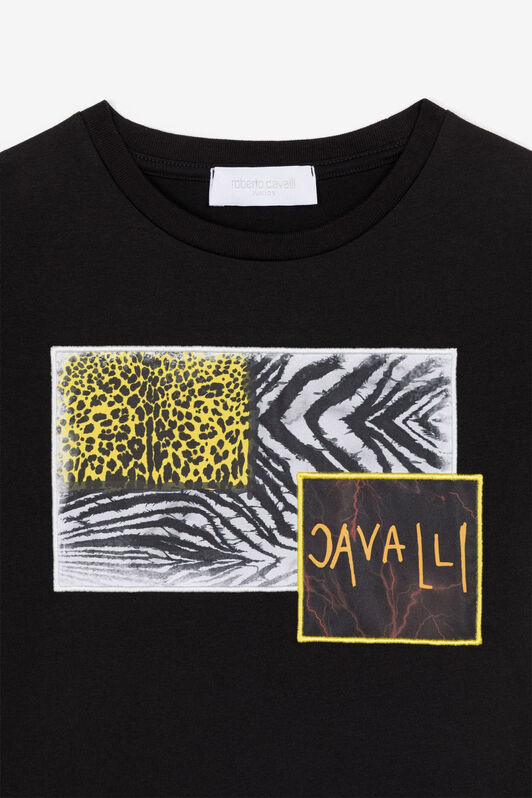 JU T-Shirt mit animalischer Patchwork-Applikation Schwarz OJT619-ISA2J