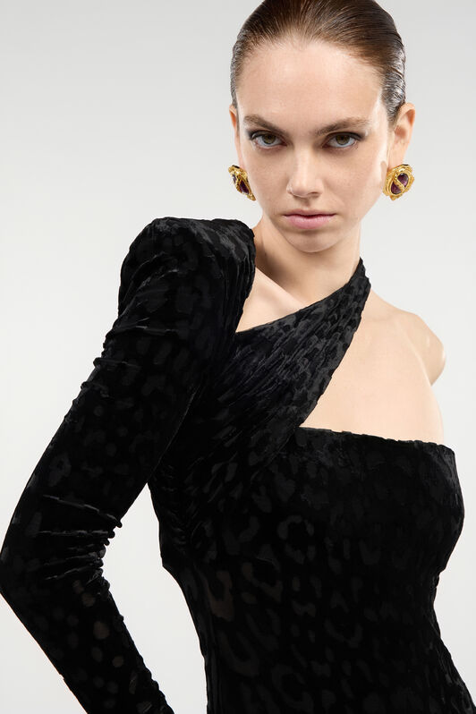 RC Asymmetric Black Dress with Jaguar Skin Pattern Black VWT125-CJ003