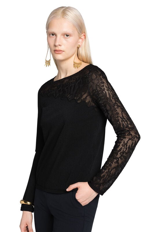 RC Floral-Knit Lace-Insert Top BLACK KQM610-MI001
