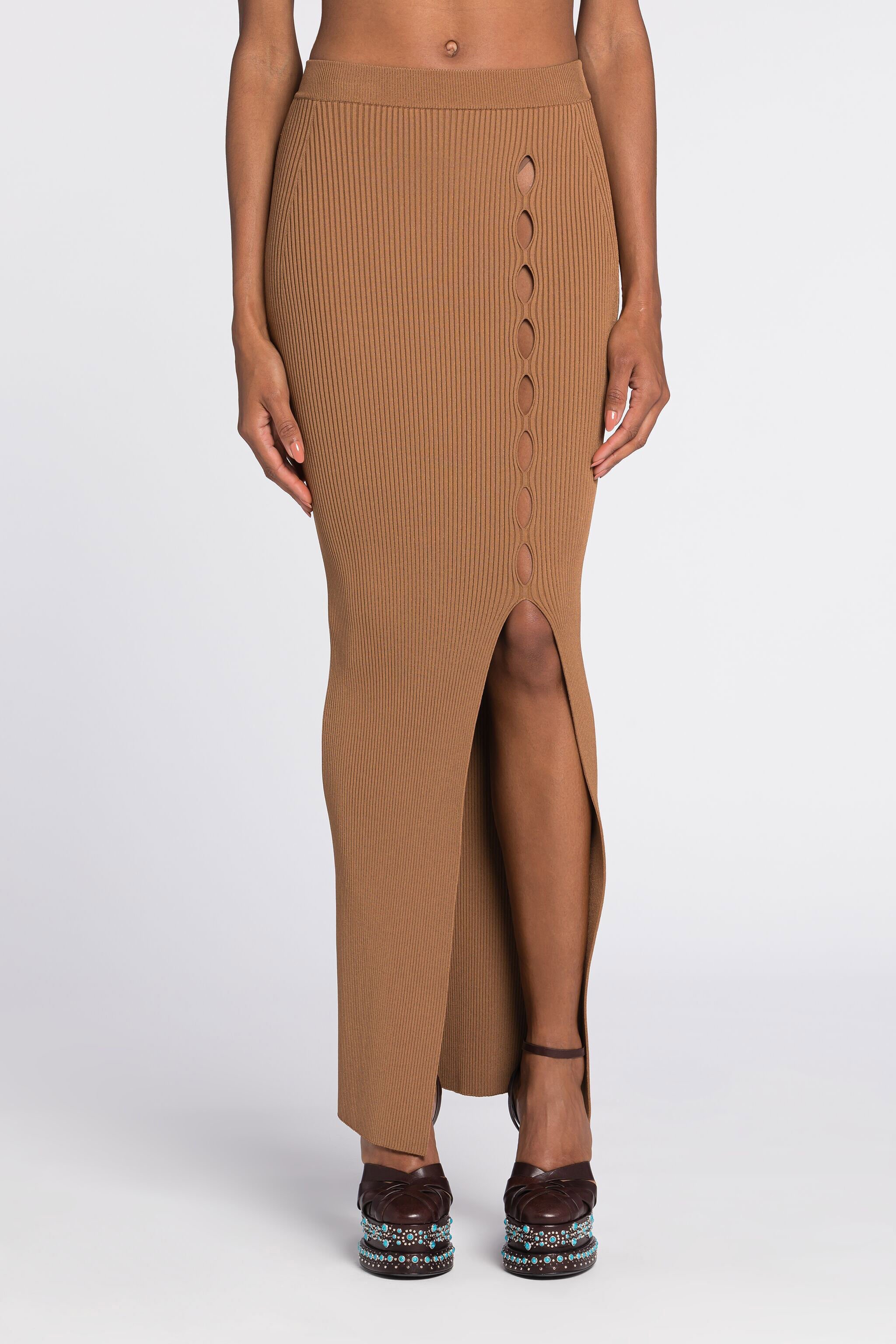 RC Ribbed long skirt with cut-out Brown RKM301-MG011