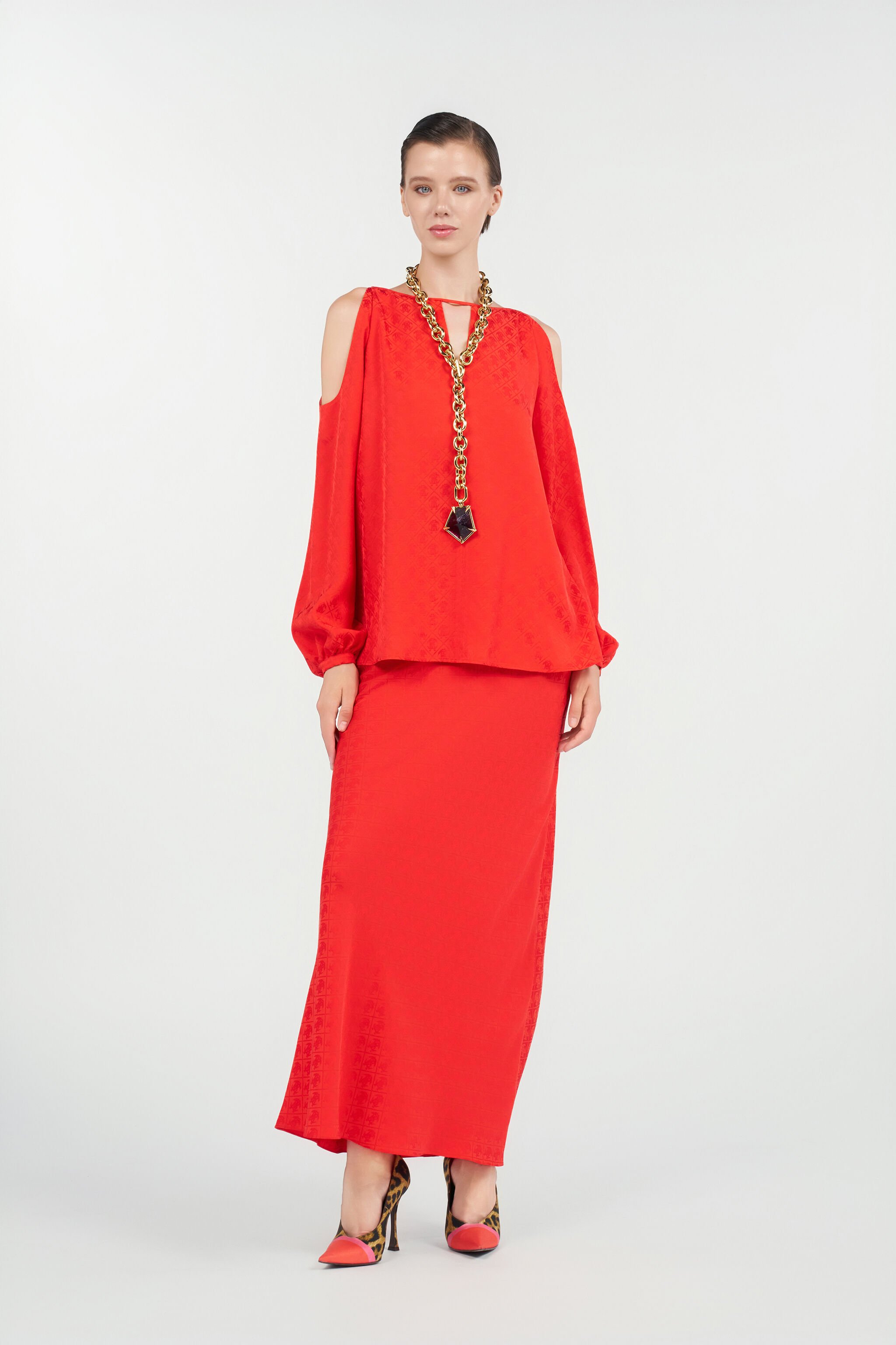 RC Long Skirt with Jacquard Monogram Print RC Long Skirt with Jacquard Monogram Print CORAL RED WQT306-RK010