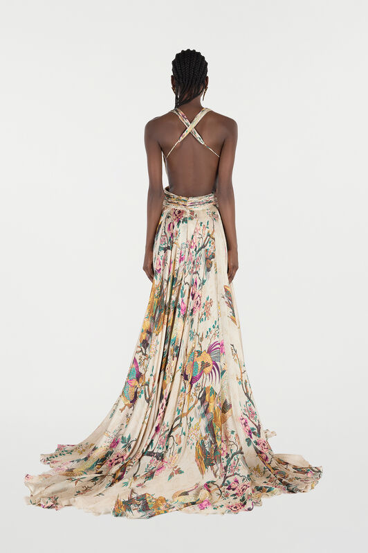 RC Extra Long Silk Dress with Floral and Pheasant Print Ivory/Pink VKT158-CTP76