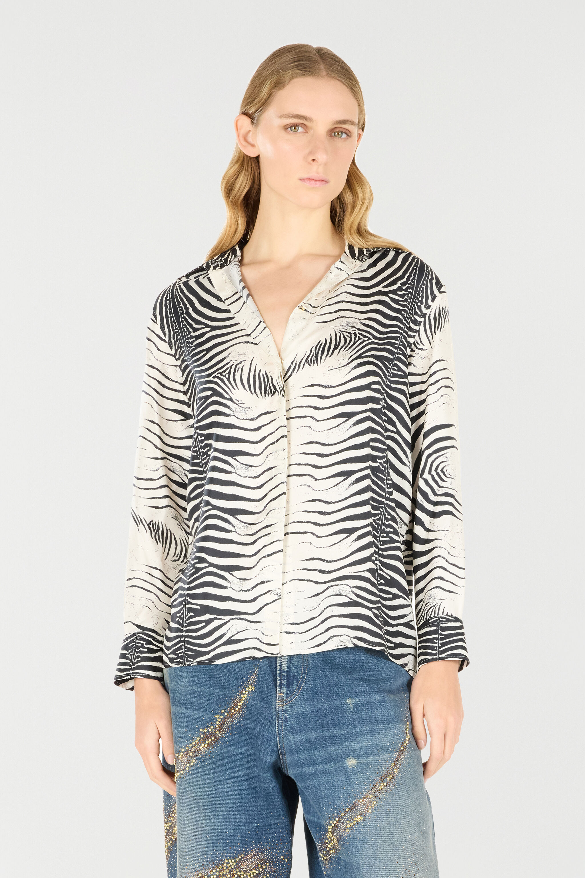 RC Zebra-Print Silk Shirt Black/White UKT704-4QN49