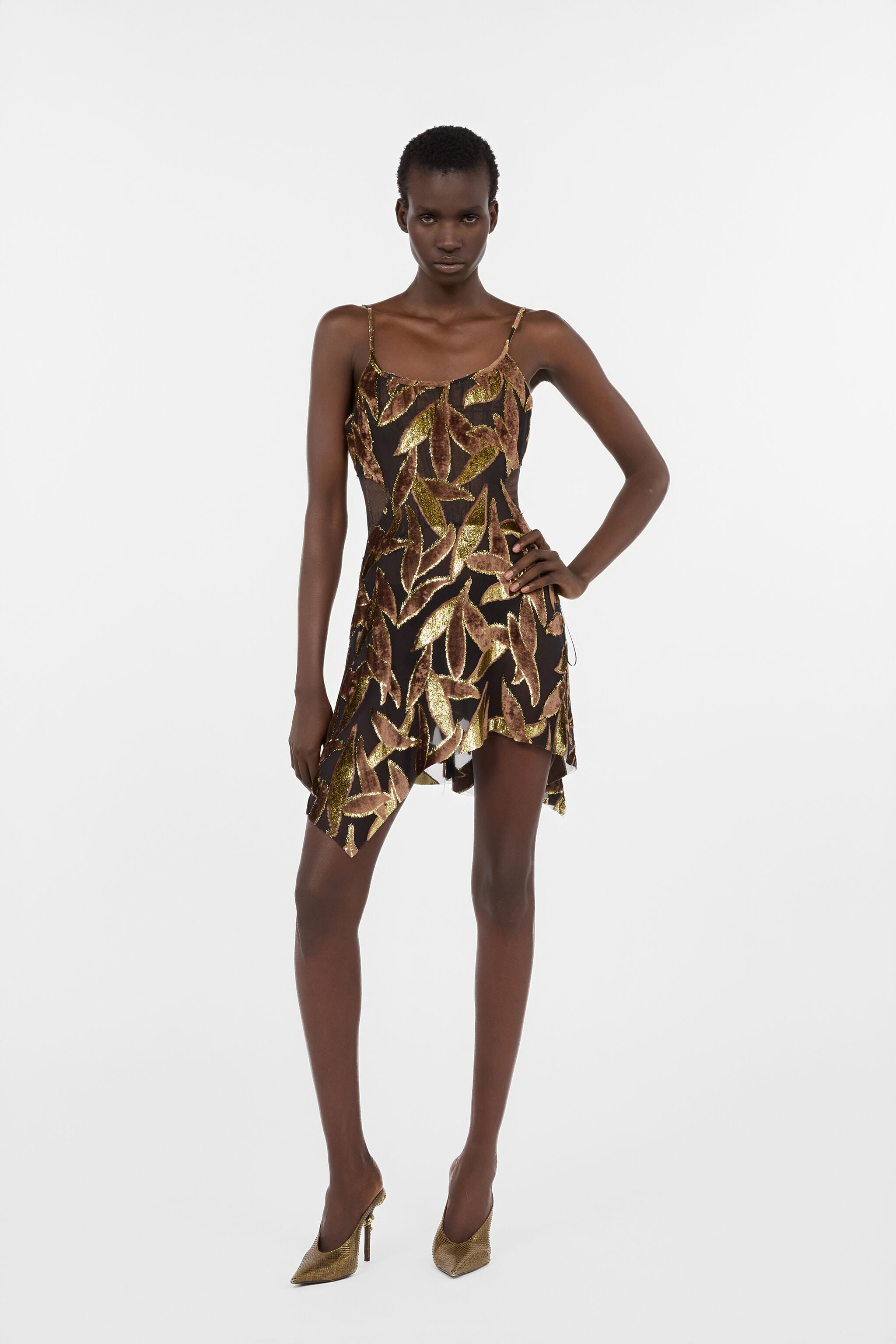 Chocolate Sheer Mini Dress with Foliage Motif in CHOCOLATE for