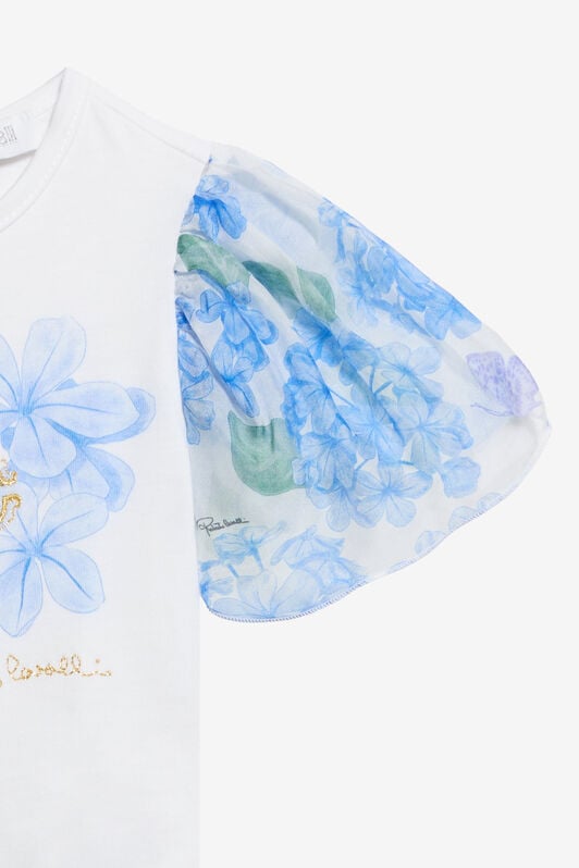 JU Weißes Baumwoll-T-Shirt mit floralen Ärmeln JU Weißes Baumwoll-T-Shirt mit floralen Ärmeln WHITE/BLUE WJT602-JD001