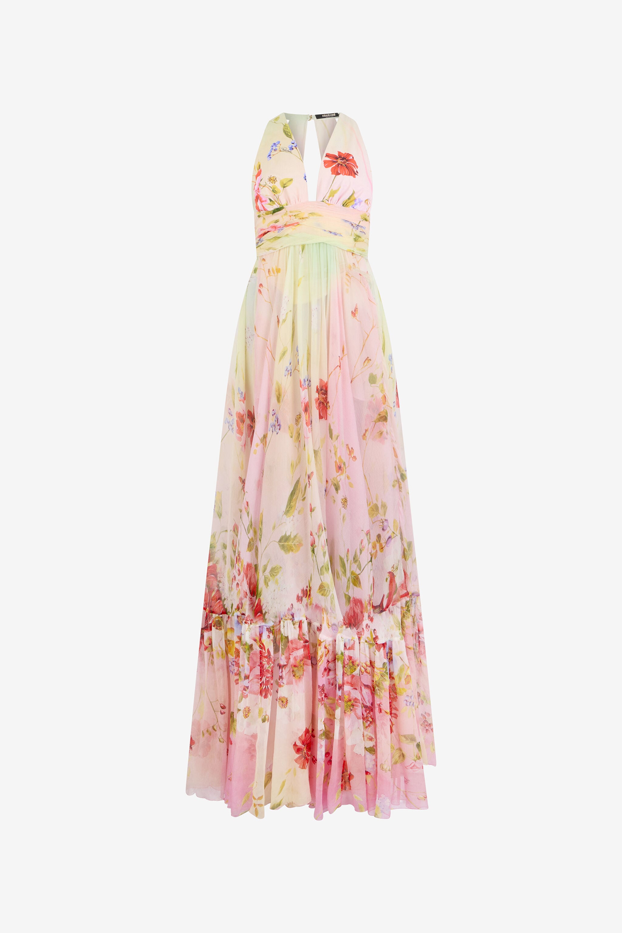 Long Chiffon Dress with Miami Flowers Print in MULTICOLOR for
