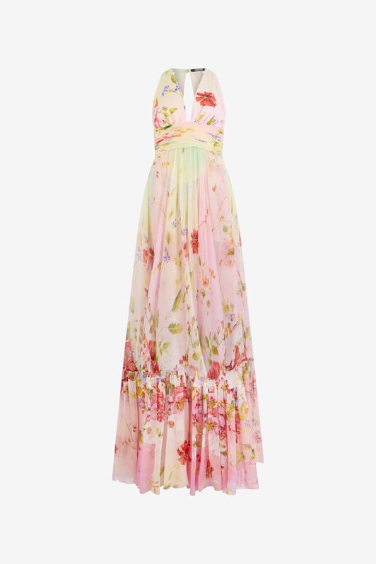RC Long Chiffon Dress with Miami Flowers Print MULTICOLOR WQT175-CKR32