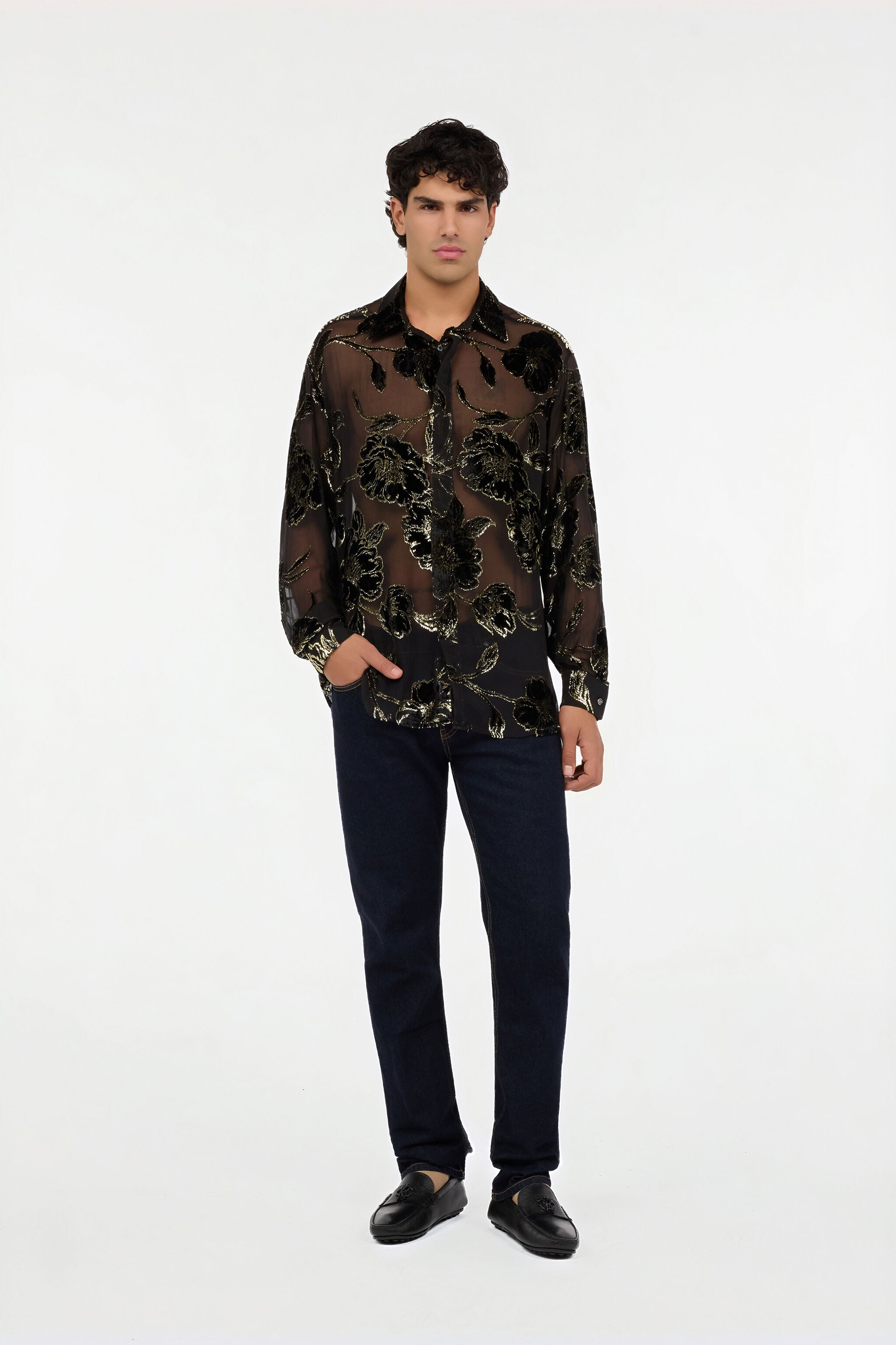 Black and Gold See-Through Shirt with Floral Pattern in BLACK AND