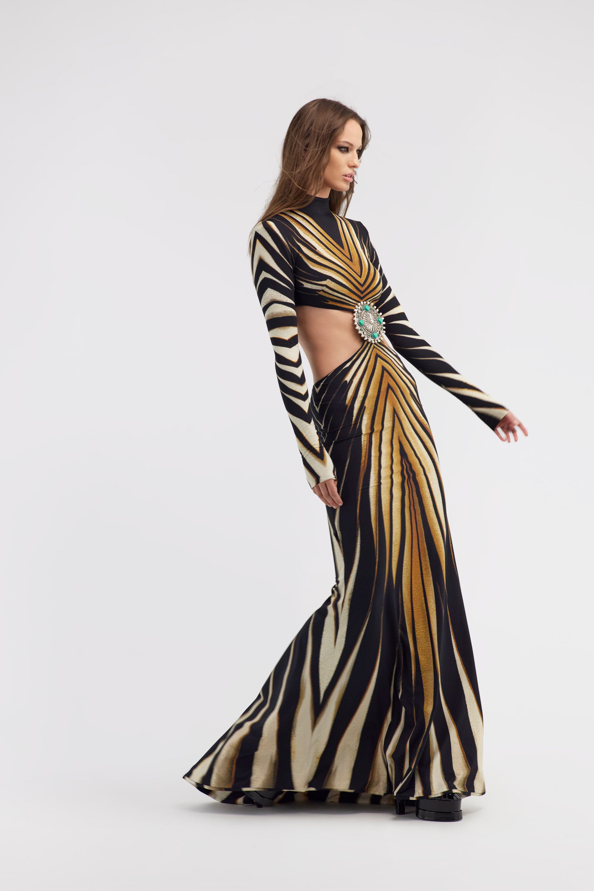 RC Cut-out knit dress with Ray of Gold print Gold RWT103-LNI12