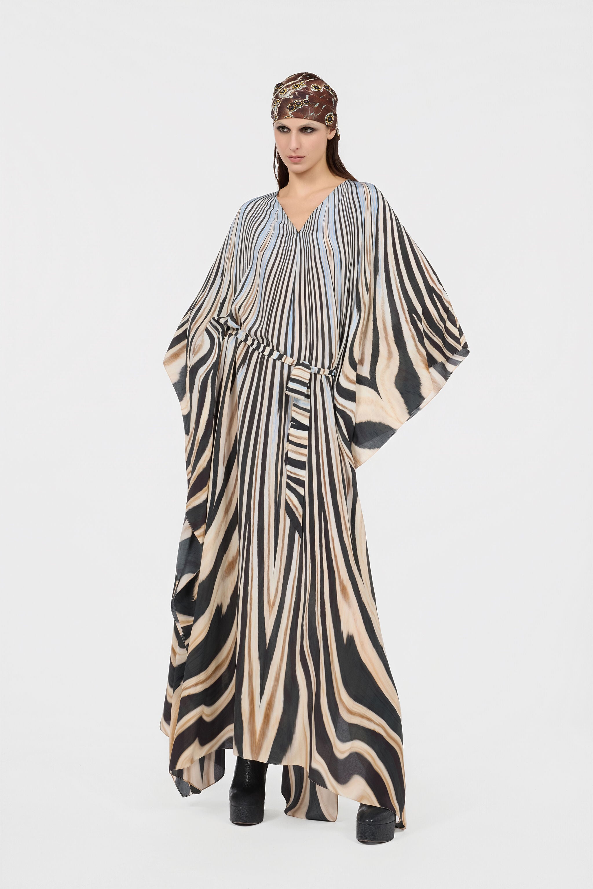 RC Robe Caftan En Soie Imprimé Zebra NATURAL/BLACK XQT179-SQT26
