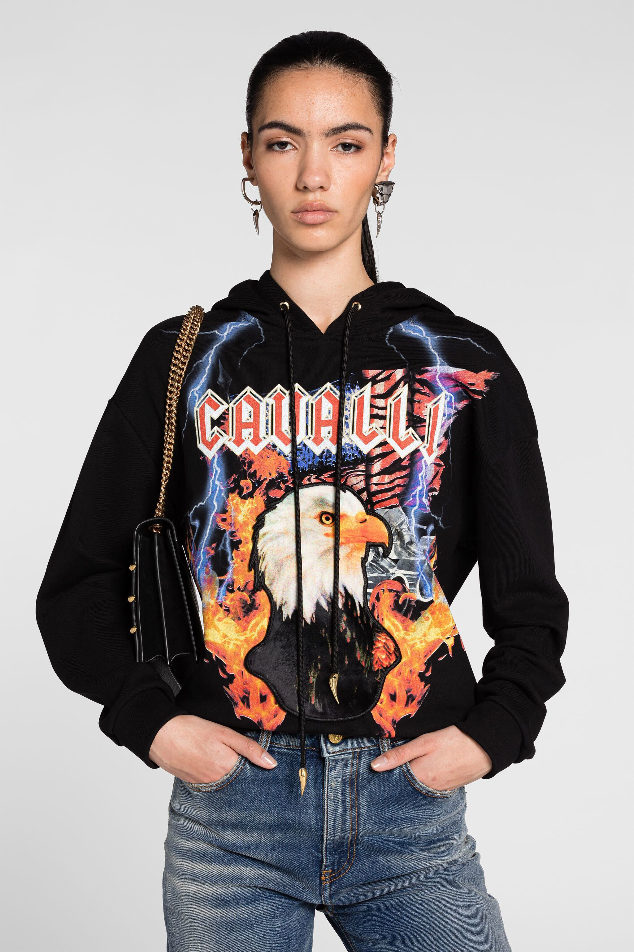 RC Oversized Eagle-Print Appliqué Hoodie BLACK PKT69C-CF050