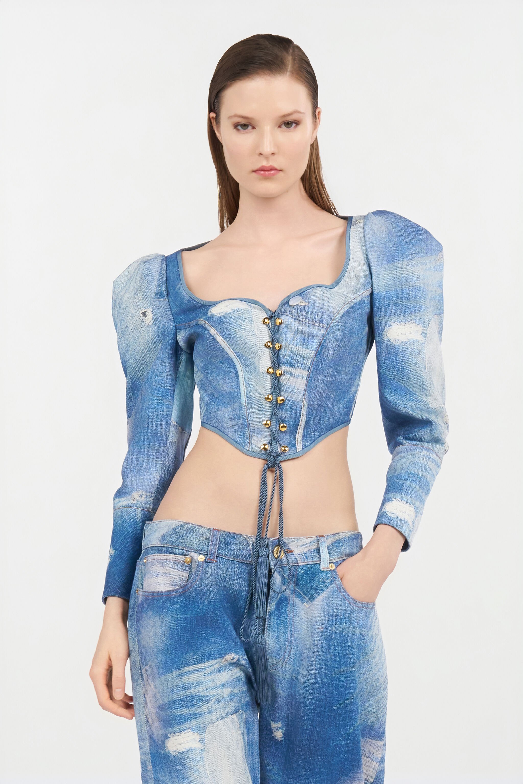 RC Denim Patchwork-Effect Corset with Lacing DARK BLUE WQJ404-DAR71